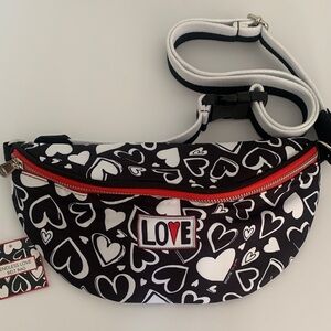 Brighton Black & White Heart Print Crossbody Belt Bag with Red Trim